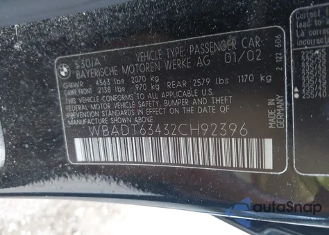 2002 BMW 530 из США, поврежденный, VIN WBADT63432CH92396